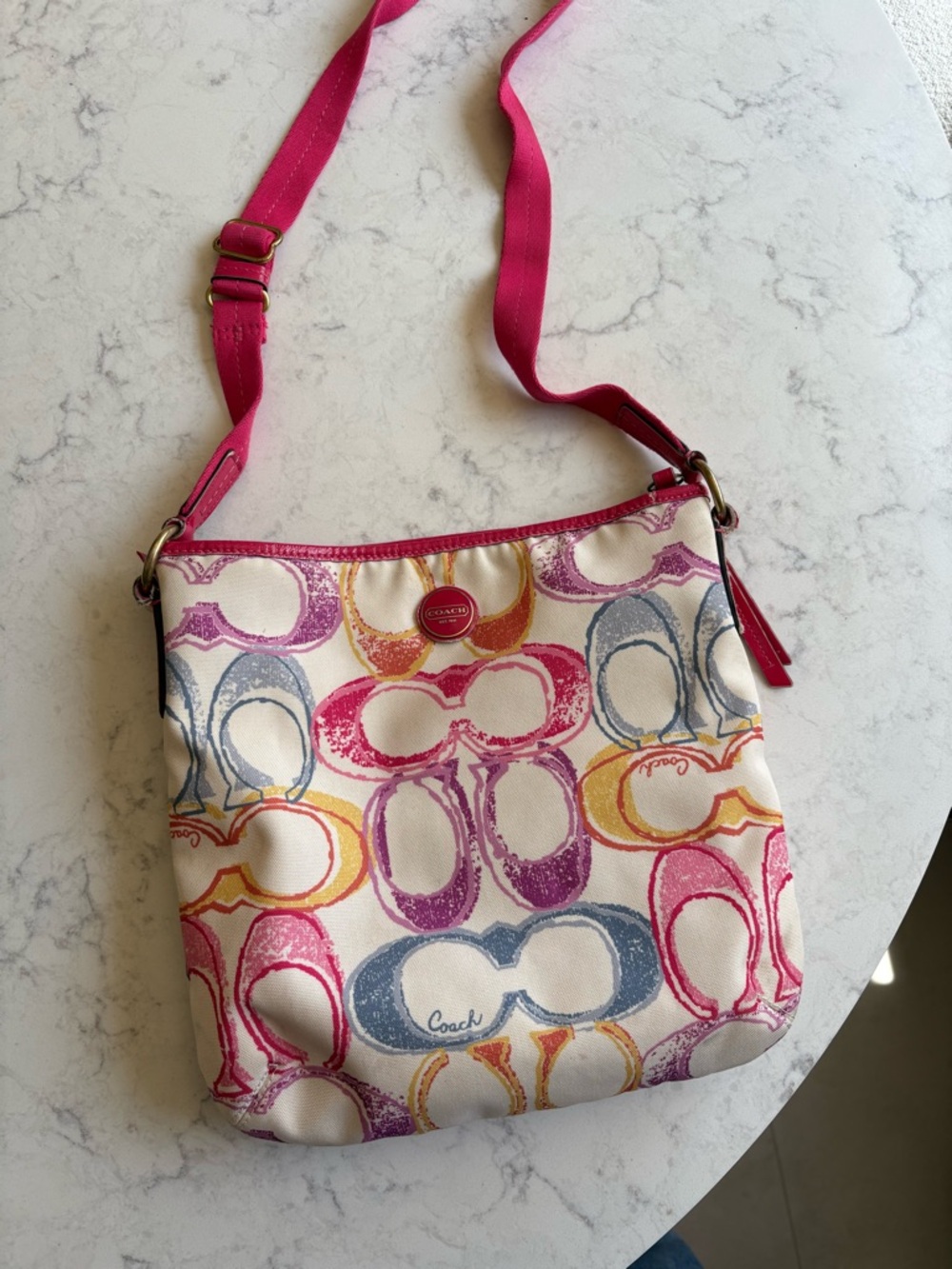 Coach Pink Multicolor Signature Print Crossbody Bag